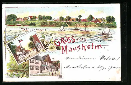 Lithographie Maasholm, Strassenpartie im Ort, Ortsansicht vom Wasser aus