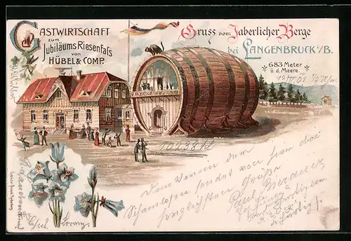 Lithographie Langenbruck i. B., Gastwirtschaft zum Jubiläums Riesenfass von Hübel & Comp.