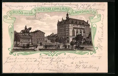Lithographie Nordhausen, Krystallpalast mit Kaiser Friedrich Denkmal