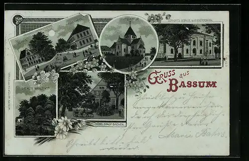 Mondschein-Lithographie Bassum, Friedens-Eiche, Stiftskirche, Hotel Stadt Bremen