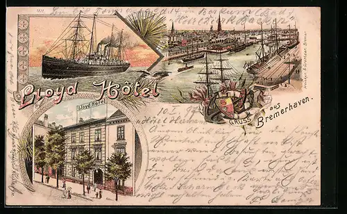 Lithographie Bremerhaven, Lloyd Hotel, Ozeandampfer, Hafen