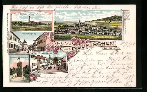 Lithographie Neukirchen, Totalansicht, Franziskanerkloster mit Pfarrkirche, Oberer Marktplatz