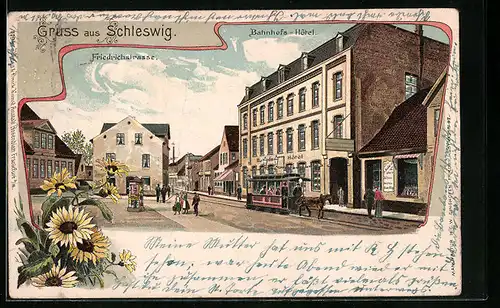 Lithographie Schleswig, Friedrichstrasse, Bahnhofs-Hotel, Pferdebahn