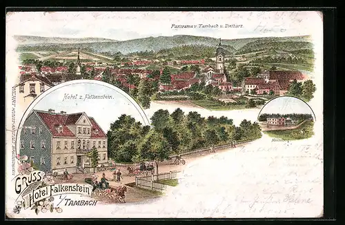 Lithographie Tambach, Hotel zum Falkenstein, Gasthof auf dem Nesselberg