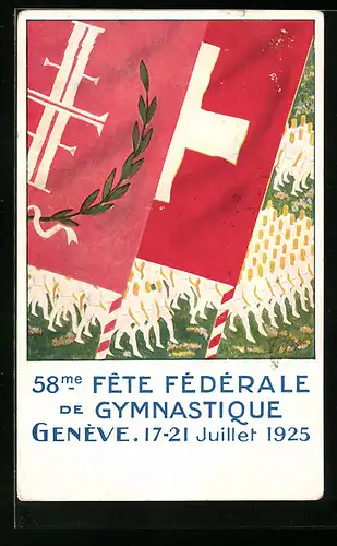 Künstler-AK Geneve, 58me Fete Federale de Gymnastique 1925, Turnfest und Flaggen