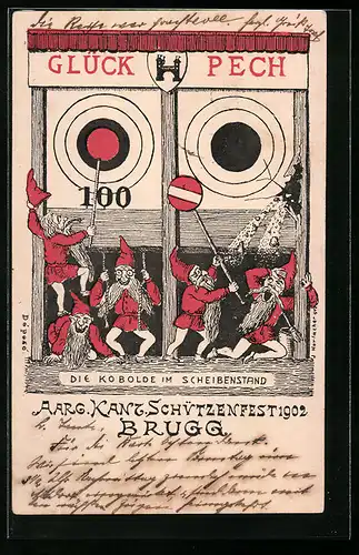 Künstler-AK Brugg, Aarg. Kant. Schützenfest 1902, Glück und Pech, Die Kobolde im Scheibenstand
