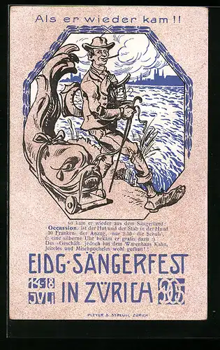 Künstler-AK Zürich, Eidg. Sängerfest 1905, Als er wieder kam!!
