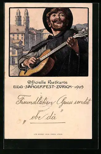 Künstler-AK Zürich, Eidg. Sängerfest 1905, Sänger mit Gitarre