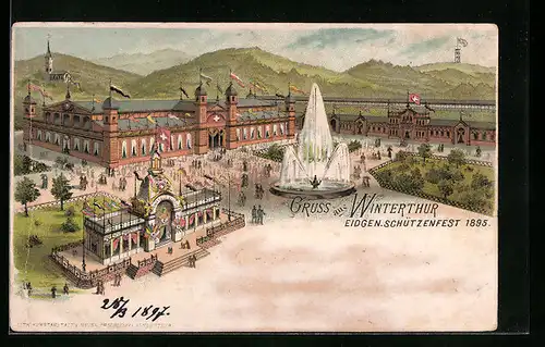 Lithographie Winterthur, Eidgenössisches Schützenfest 1895, Festgelände aus der Vogelschau