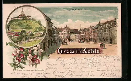 Lithographie Kahla, Marktplatz, Leuchtenburg von Seitenroda