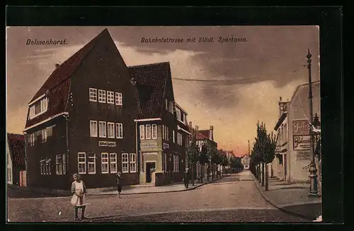AK Delmenhorst, Bahnhofstrasse mit Städtischer Sparkasse