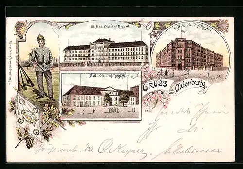 Lithographie Oldenburg, Kasernengebäude der Bataillons I-III des Oldenburger Inf.-Rgt. 91