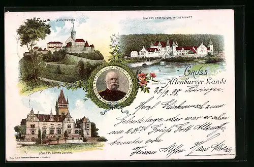 Lithographie Altenburg, Schlösser Froehliche Wiederkunft, Hummelshain, Leuchtenburg, Ernst Herzog von Sachsen-Altenburg