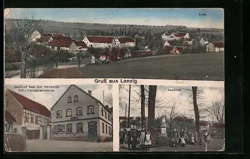 AK Lonzig, Totalansicht, Gasthof Heckardt, Denkmal mit Kindergruppe