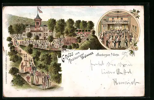 Lithographie Seebergen bei Gotha, Restaurant Düppel, Gebäude mit Garten und Ballsaal