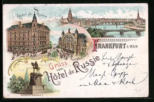 Lithographie Frankfurt a. M., Teilansicht mit Brücken, Hotel de Russie