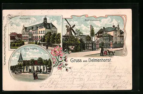 Lithographie Delmenhorst, Realschule, Evangelische Kirche, Mühlenstrasse mit Windmühle