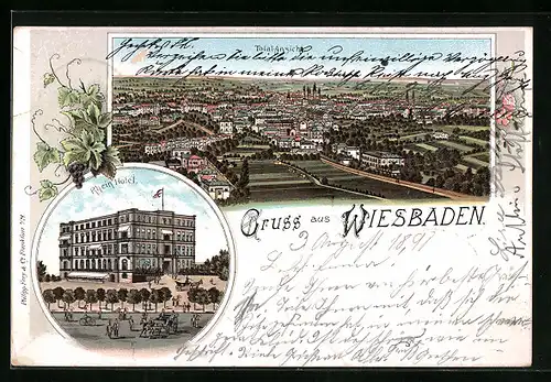 Lithographie Wiesbaden, Rhein-Hotel, Totalansicht