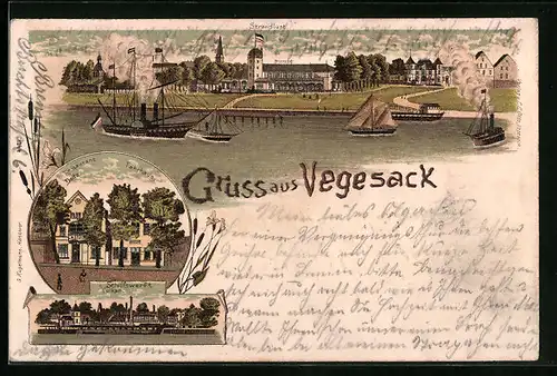 Lithographie Vegesack, Gasthaus Strandlust mit Dampfern, Restaurant Deitz Fährhaus, Schiffswerft Vulkan