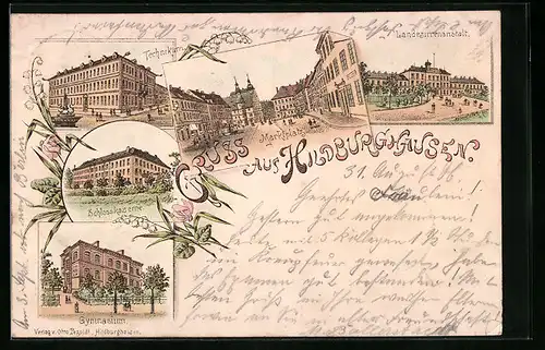 Lithographie Hildburghausen, Technikum, Landesirrenanstalt, Schlosskaserne