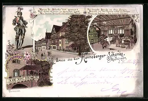 Lithographie Meiningen, Gasthaus Henneberger-Schenke, Innenansicht, Terrasse