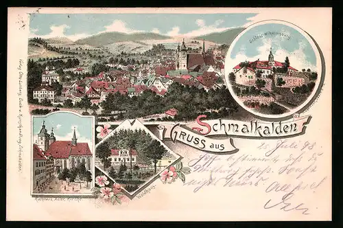 Lithographie Schmalkalden, Gasthaus Waldhaus, Schloss Wilhelmsburg, Rathaus mit Adler und Kirche