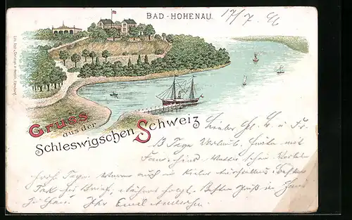 Lithographie Bad-Hohenau /Schleswigsche Schweiz, Uferpartie mit Hotel