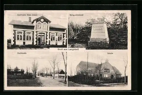 AK Langstedt, Kaufmann Hans Jessen, Schule, Kriegerdenkmal