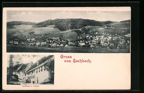 AK Eschbach, Ortsansicht aus der Vogelschau und Gasthaus z. Ochsen