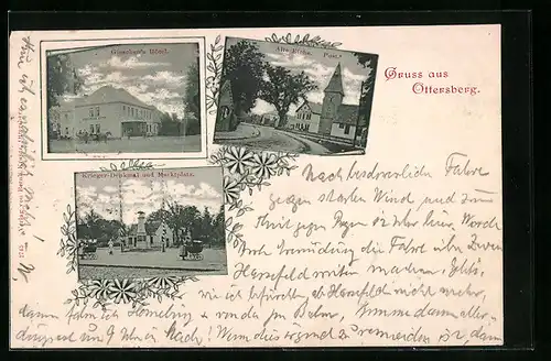 AK Ottersberg, Gieschens Hôtel, Alte Kirche und Post, Krieger-Denkmal und Marktplatz