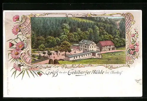 Lithographie Oberhof, Gehlberger Mühle aus der Vogelschau
