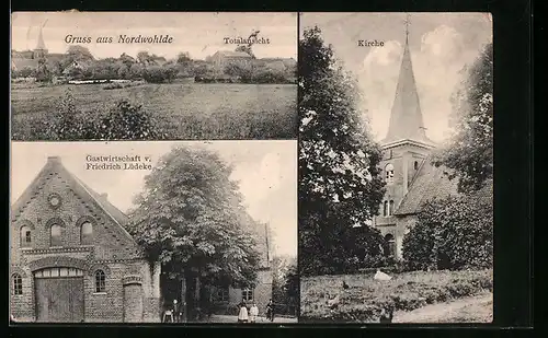 AK Nordwohlde, Ortsansicht, Kirche, Gastwirtschaft v. Friedrich Lüdeke
