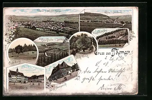 Lithographie Themar, Kloster Vessra v. Iltenberg, Herzogliches Amtsgericht, Dicke Eiche