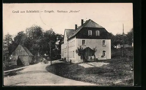 AK Schönfeld /Erzgeb., Partie am Gasthaus Kirsten