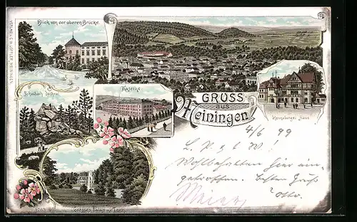Lithographie Meiningen, Ortsansicht, Blick von der oberen Brücke, Henneberger Haus, Kaserne