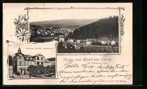 AK Finsterbergen, Ortsansicht mit Hotel zur Linde, Besitzer: Valentin Oschmann
