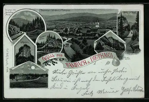 Lithographie Tambach, Teilansicht mit Dietharz, Dietharzer Strand, Napoleon-Stein