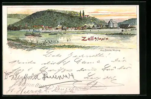 Lithographie Zell a. Main, Ortsansicht mit Dampfer