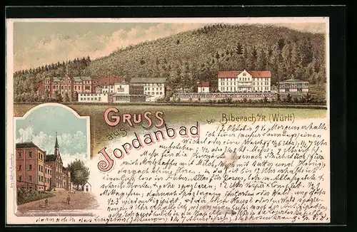 Lithographie Jordanbad, Ortsansicht und Strassenpartie