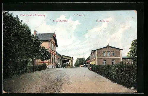 AK Steinberg, Strassenpartie mit Bahnhofs-Hotel und Fr. Emkens Geschäftshaus