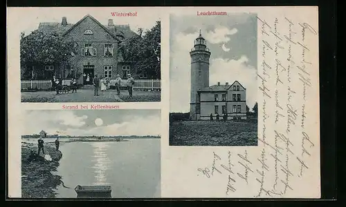 Mondschein-AK Kellenhusen, Gasthaus Wintershof, Leuchtthurm, Strand