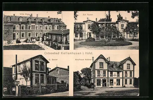 AK Kellenhusen i. Holst., Gasthaus zur Tanne, Kaufhaus Kessner, Villa Olga