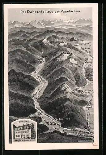 Künstler-AK Eugen Felle: Eisenbach, Gasthof und Pension zur Tanne, Eschachtal aus der Vogelschau