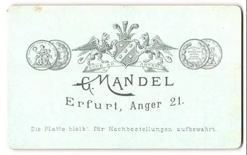 Fotografie G. Mandel, Erfurt, Anger 21, Wappen mit Greif & Messe-Medaillen, Rückseitig Frauen-Portrait