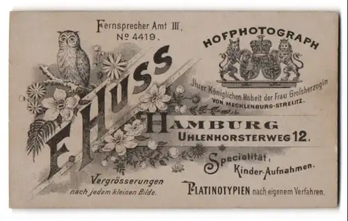 Fotografie F. Huss, Hamburg, Uhlenhorsterweg 12, Eule, Wildblumen & Wappen, Rückseitig Mädchen-Portrait