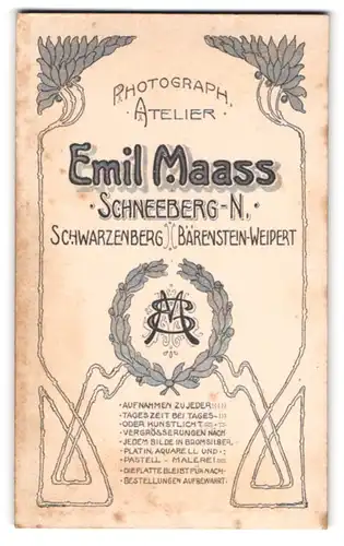 Fotografie Emil Maass, Schneeberg-N., Lorbeerkranz mit Initialen, Ornamente, Rückseitig Mädchen-Portrait