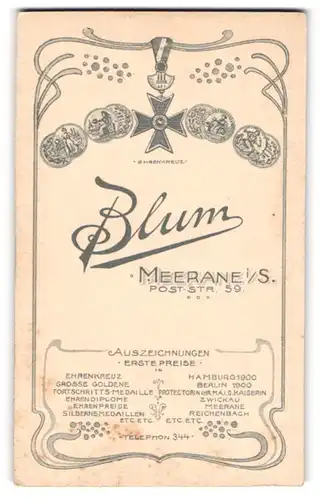 Fotografie Atelier Blum, Meerane i. S., Poststr. 59, Ehrenkreuz & Medaillen, Rückseitig Damen-Portrait