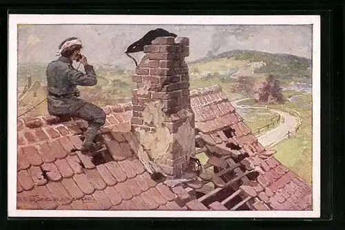 Künstler-AK Franz Jung-Ilsenheim, Rotes Kreuz Nr. 430: Verwundeter gibt eigener Artillerie Zielaufklärung