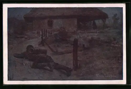 Künstler-AK Rotes Kreuz Nr. 435: Zugsführer Zarfl schleicht mit einer Sprengbüchse auf ein besetztes Haus zu