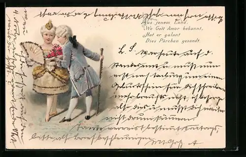 AK Liebespaar in feiner Kleidung mit Fächer